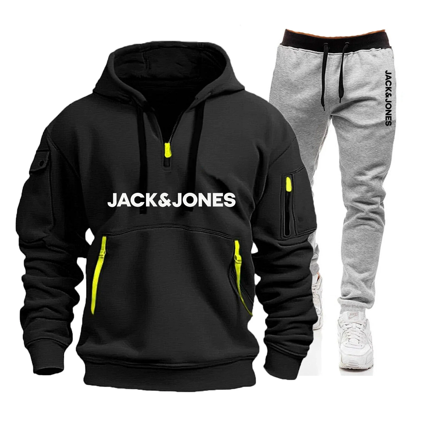 

Autumn and winter casual jogging men's sportswear set with zipper hood, multiple pockets, and zipper protective pants