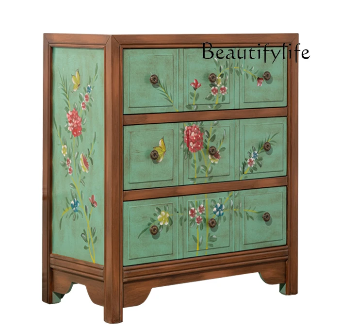 

Living Room Painted Three-Bucket Cabinet American Side Cabinet Distressed Green Chest of Drawer Bedside Bedroom Locker