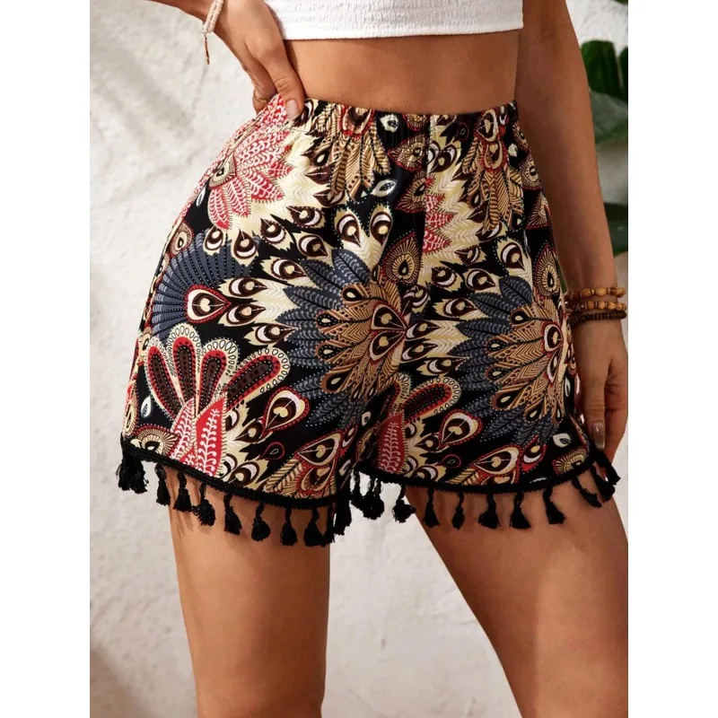 

Элегантные шорты с этническим принтом, высокой талией и бахромой по низу, для свободного повседневного образа