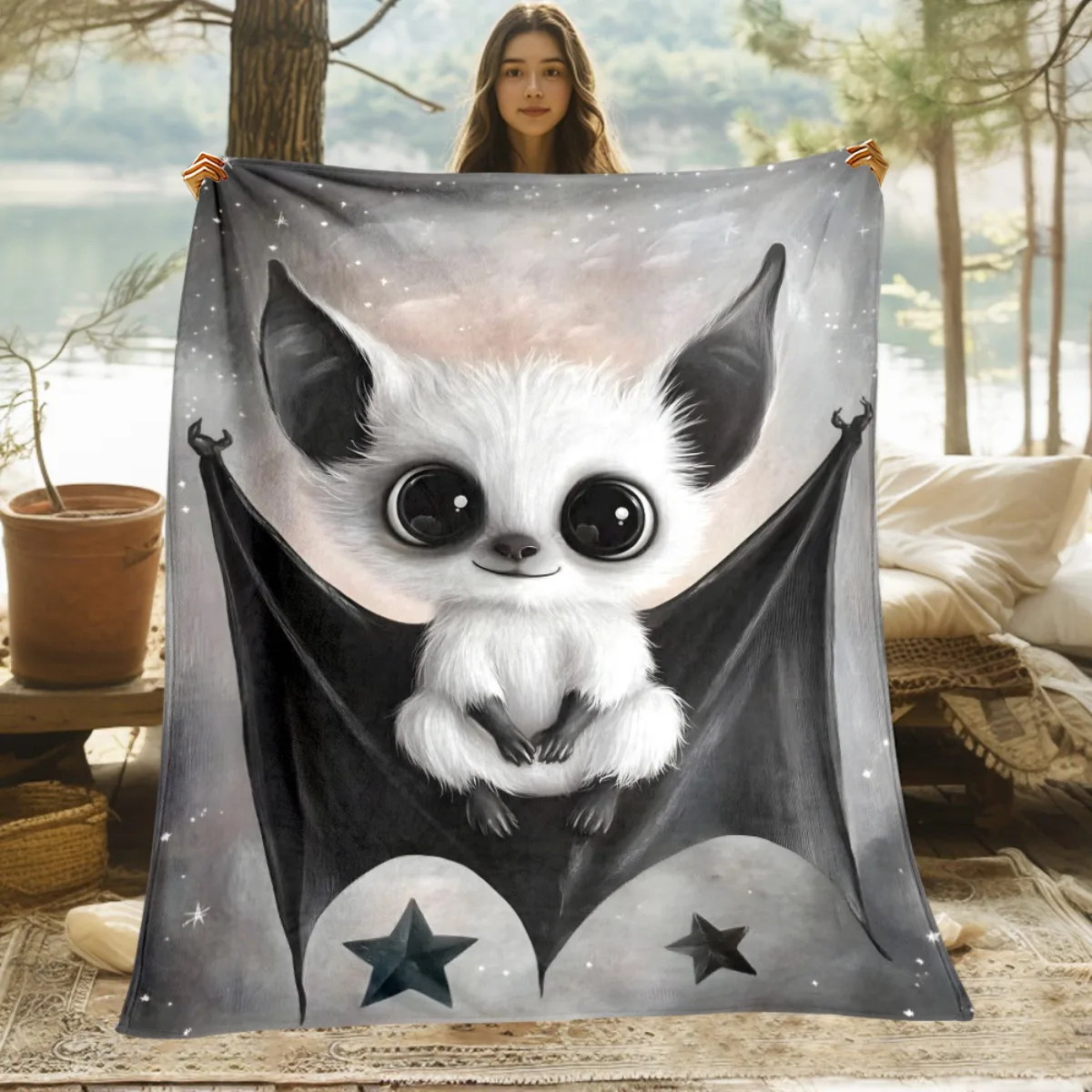 

Cute Bat Baby Animal Blanket Starry Night Sky Design Soft Flannel Throw Blanket for Kids Girls Room Decor Halloween Gift Idea