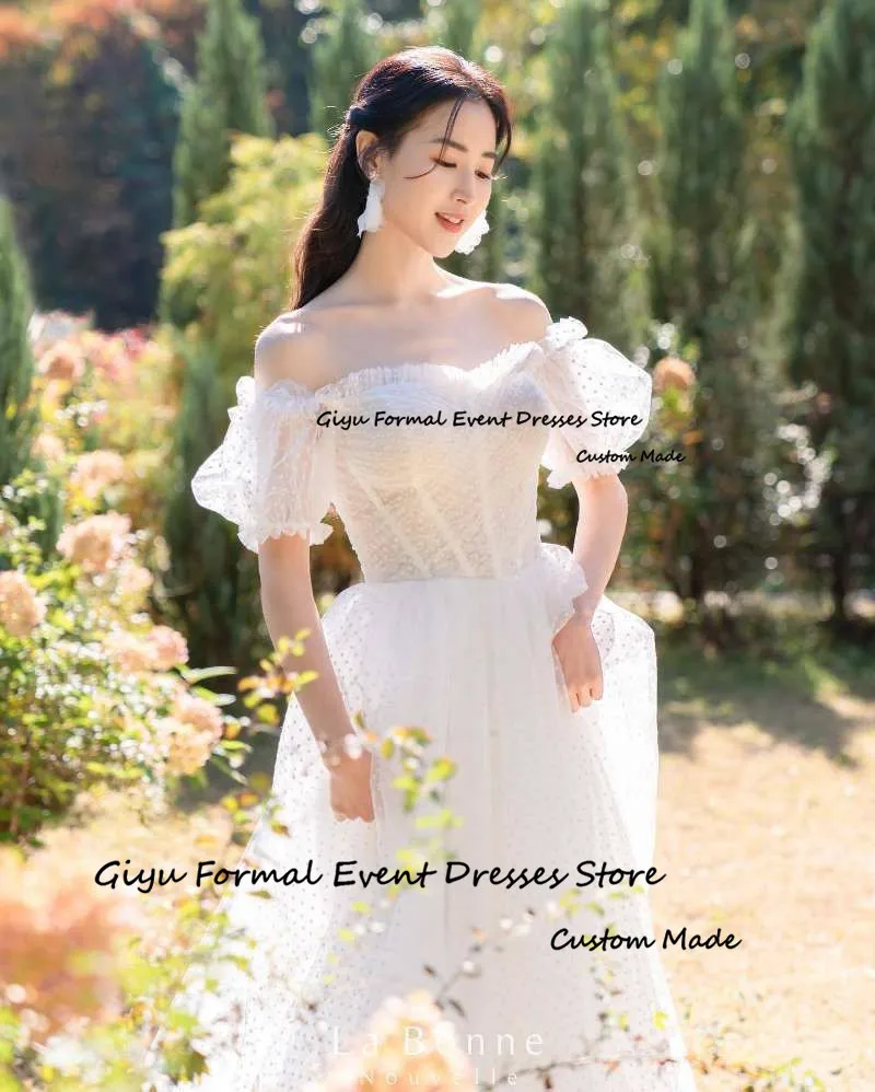 Giyu Elegant Dotted Tulle A Line Wedding Dresses Korea Short Sleeves Short Sleeves Country Bride Dress Photoshoot Corset Back