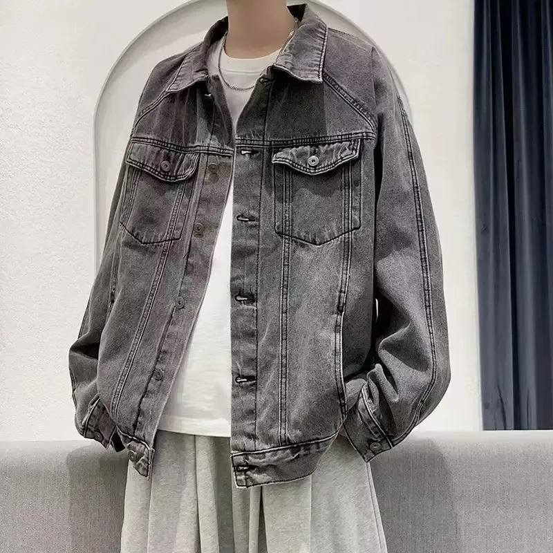 KIDWHXR Denim-Jacken für Herren, Modische Lässige Cargo-Jacke mit Mehreren Taschen, Retro Lose Einreihige Langarm-Jeansjacke für Männer – Detail 9