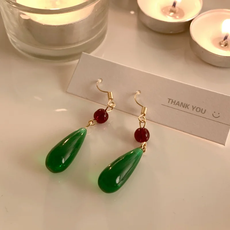 2023 New Green Water Drop-shaped Earring for Women Red Round Beads Retro Pink Crystal Eardrop For Women Jewelry Gift Accessories