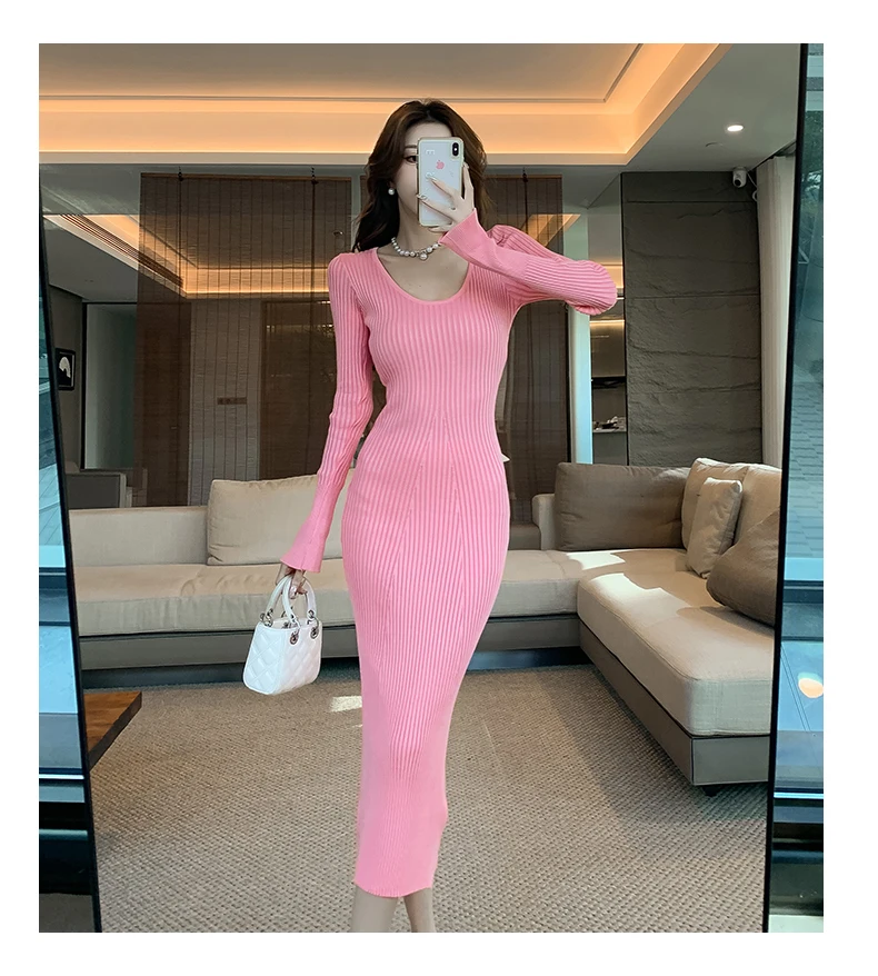 Langes Strickkleid für Damen 2026 Herbst Winter Neuerscheinung Langes Kleid mit Trompetenärmeln und V-Ausschnitt Koreanischer Stil Modisches Damenkleid – Detail 12