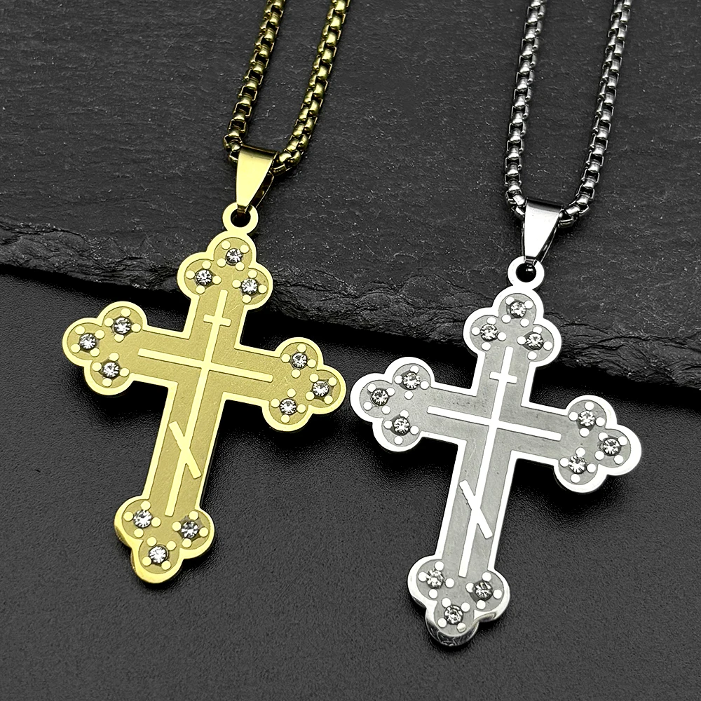Christlich-Orthodoxe Kirche Strass-Kreuz-Anhänger Halskette für Frauen und Männer Edelstahl Goldfarben Religiöser Schmuck