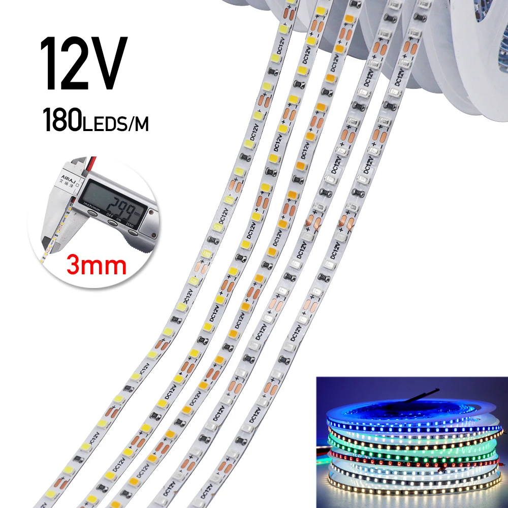 

5M LED Strip Light 12V 3MM PCB Width LED Tape SMD2015 180LEDs/m Flexible Ribbon Diode Cabinet Lighting Warm Natural White