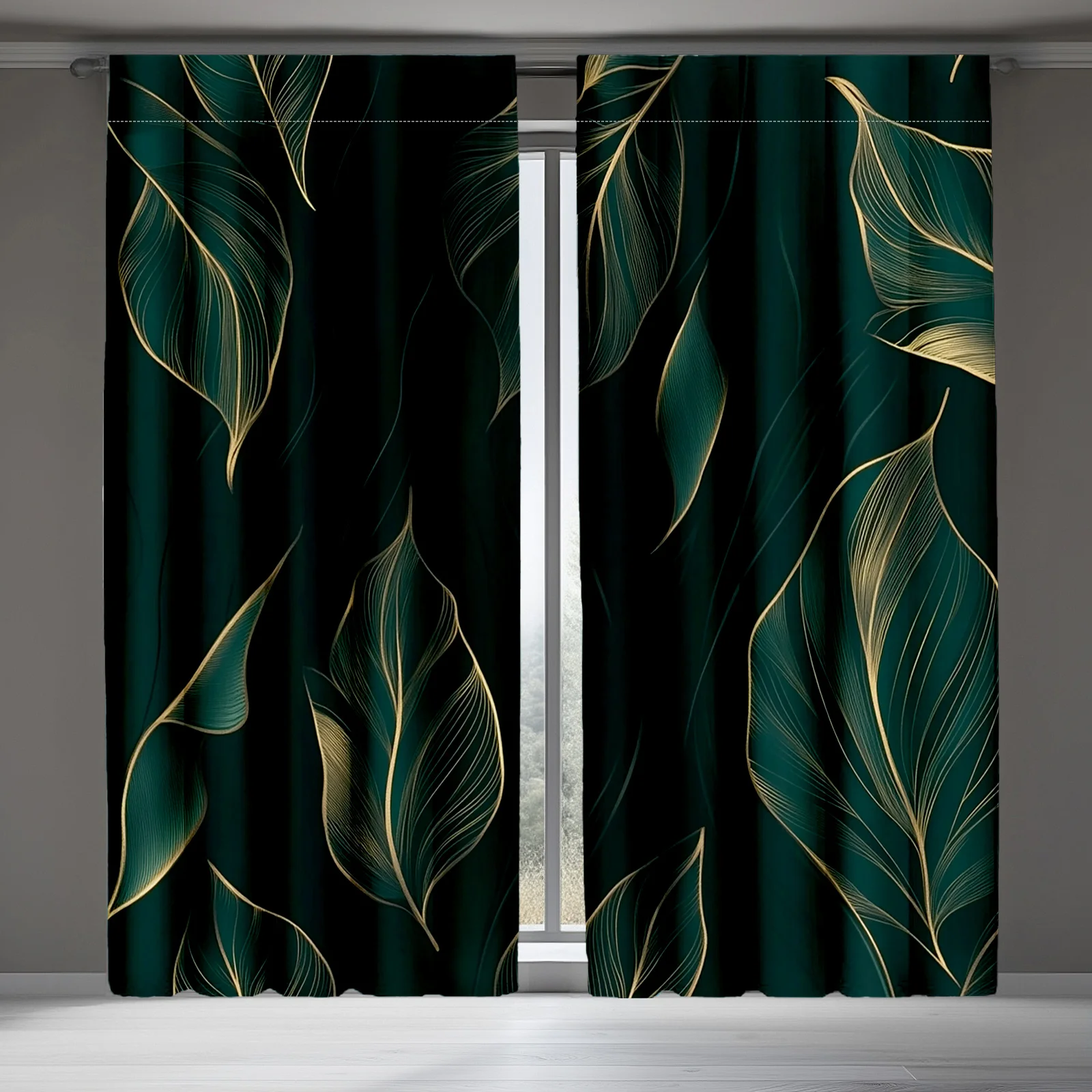 

2D FLAT 2pcs Curtains Green Leaves Gold Outline Pattern Perfect for Balcony, Bedroom, Study, Living Room, Suitable for Spring &