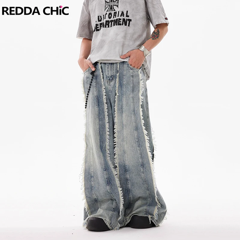 

REDDACHIC Men Raw Edge Patchwork Baggy Jeans Boyfriend Loose Fit Tassels Plus Size High Waist Hip Hop Casual Vintage Streetwear