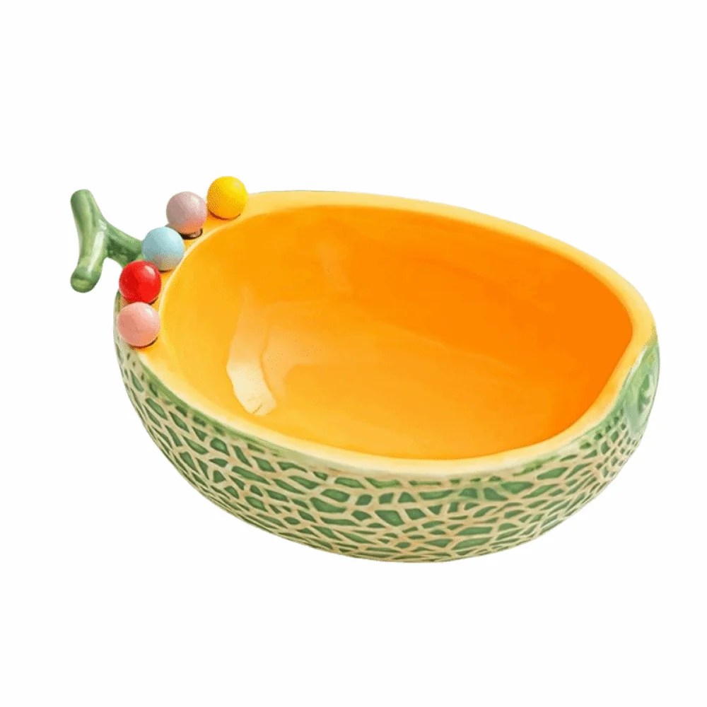 Ceramics Fruit Bowl with Fork Large Capacity with 6 Fruit Fork Fruit Serving Plate Ceramic Jar Hami Melon Shape