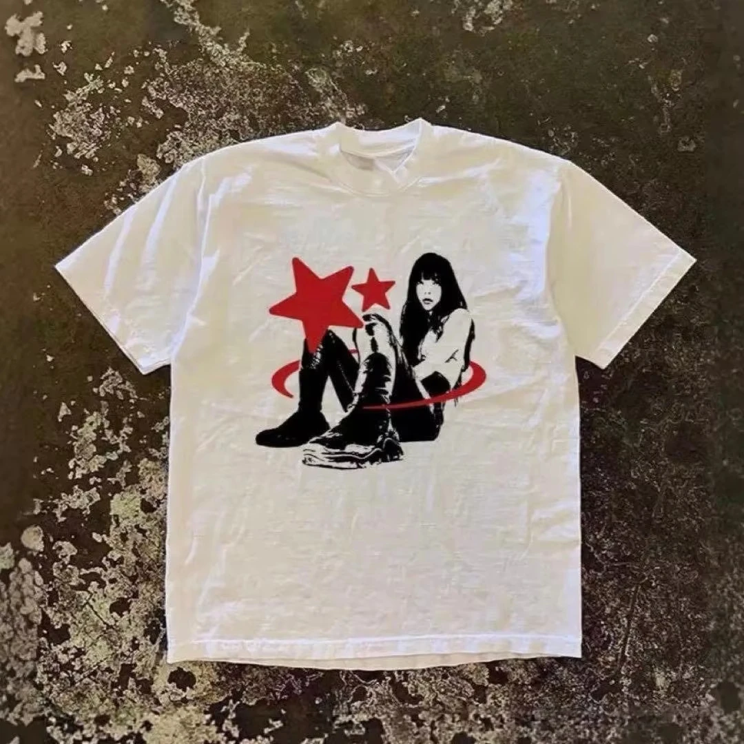 Cyberpunk Red Star Anime Girl Vintage Y2K Street Trendy Brand Graphic T-Shirt Cotton Men Women Stree