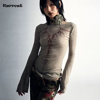 Karrcat الجرونج جماليات محبوك القمم خمر الوشم تي شيرت مطبوع القفار الشرير غير النظامية تي شيرت القوطية Y2k الشارع الشهير Alt