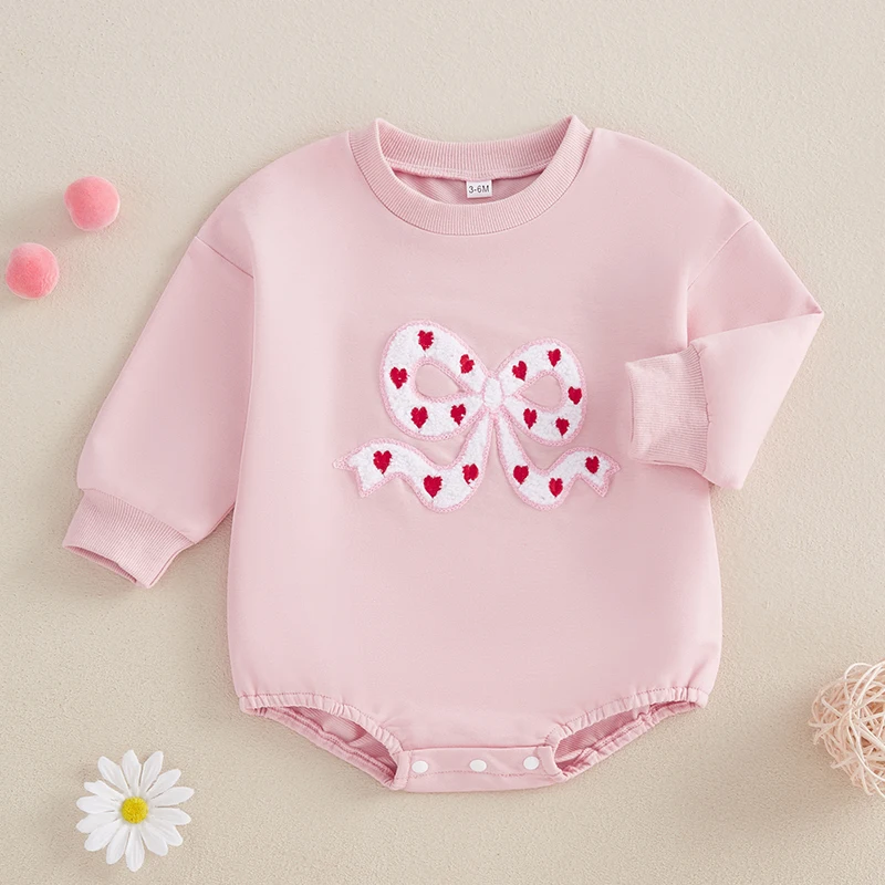 Valentines Day Baby Girl Outfit Bow Love Embroidery Long Sleeve Bubble Sweatshirt Romper Cute Fall Winter Clothes