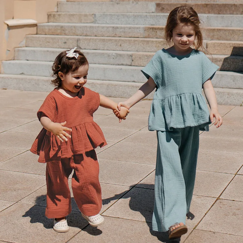 

2025 summer new cotton ruffled hem girls set comfortable breathable short sleeve trousers two-piece set baby girl