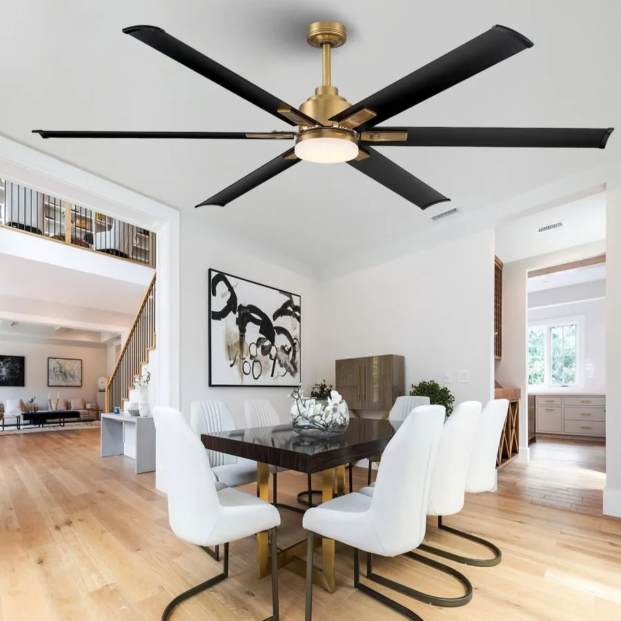 مروحة سقف بمحرك تيار مستمر 72 بوصة مع ضوء LED متكامل 6 شفرات ألومنيوم سوداء عملية التحكم عن بعد تدفق هواء عكسي