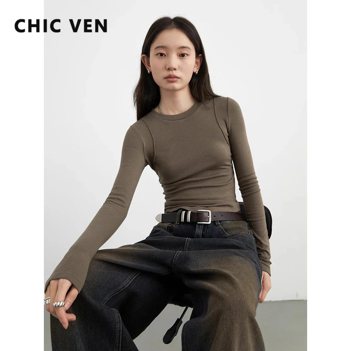 CHIC VEN Women T-Shirts Solid New Basic Heating Cashmere Round Neck Woman Tees Slim Fit Female Tops Spring Autumn 2024