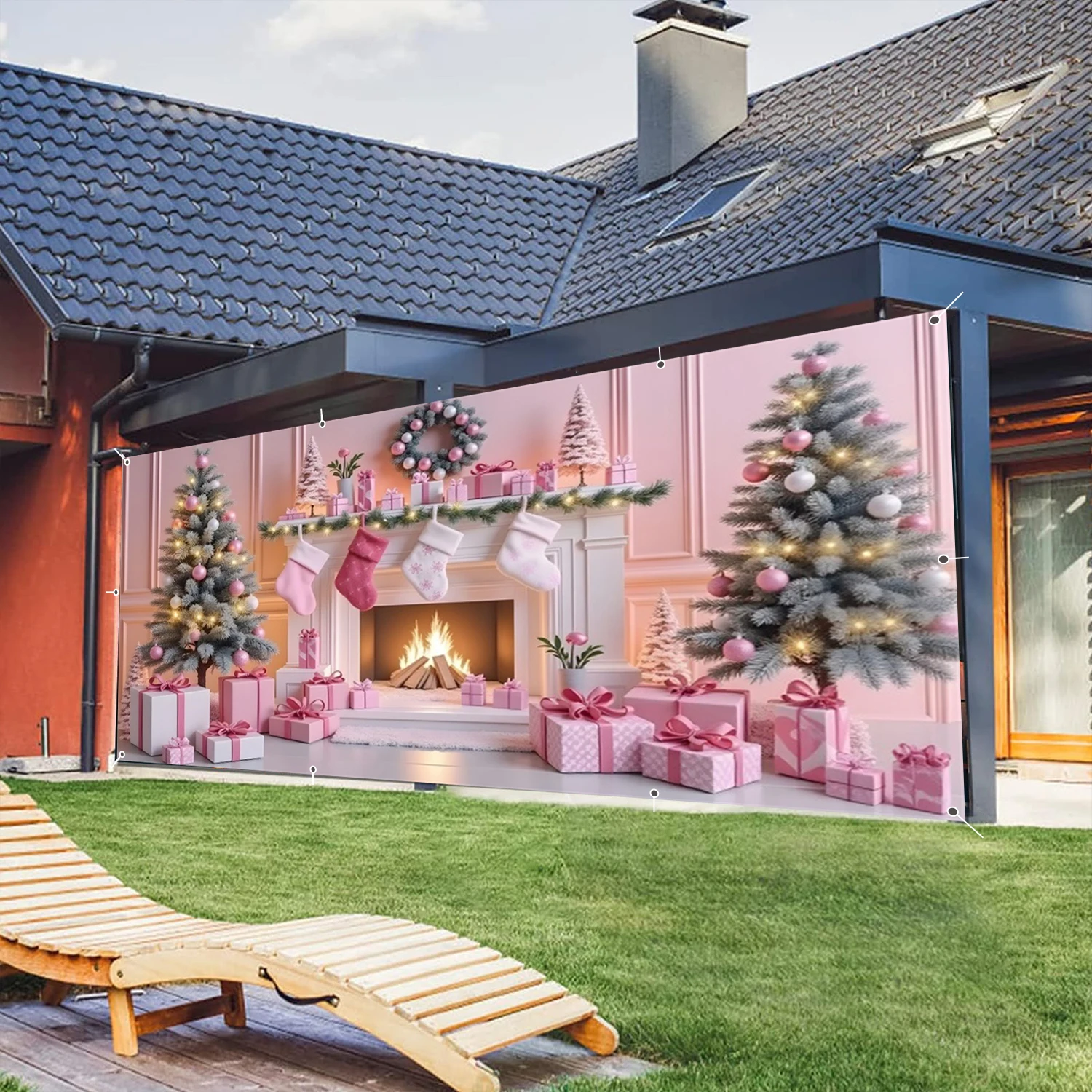 Natale rosa camino porta del garage sfondi albero di Natale ghirlanda calzini regali cornice della parete del garage per l'arredamento del cortile di casa all'aperto