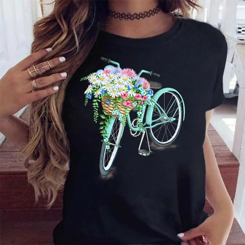 Woman Funny Bicycle Floral Print Harajuku Women Tshirts Casual O-Neck Short Sleeves Tops Shirt Harajuku Short Sleeve Casual