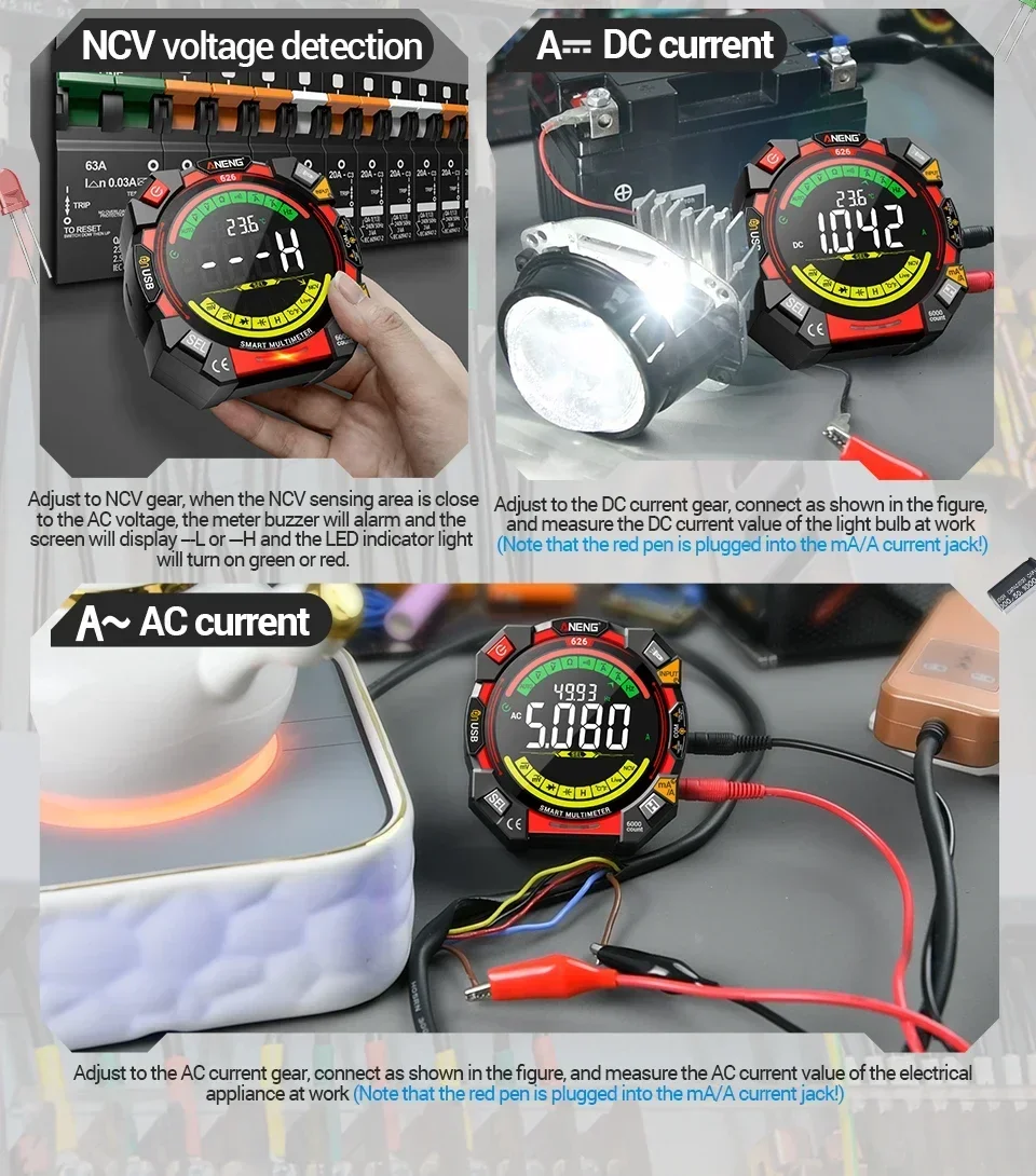 Multitester 6000 Counts 600V Spannungsprüfer ANENG 626 Multimeter Tragbares Strom-Ohmmeter Wiederaufladbares USB-Detektorwerkzeug – Detail 13