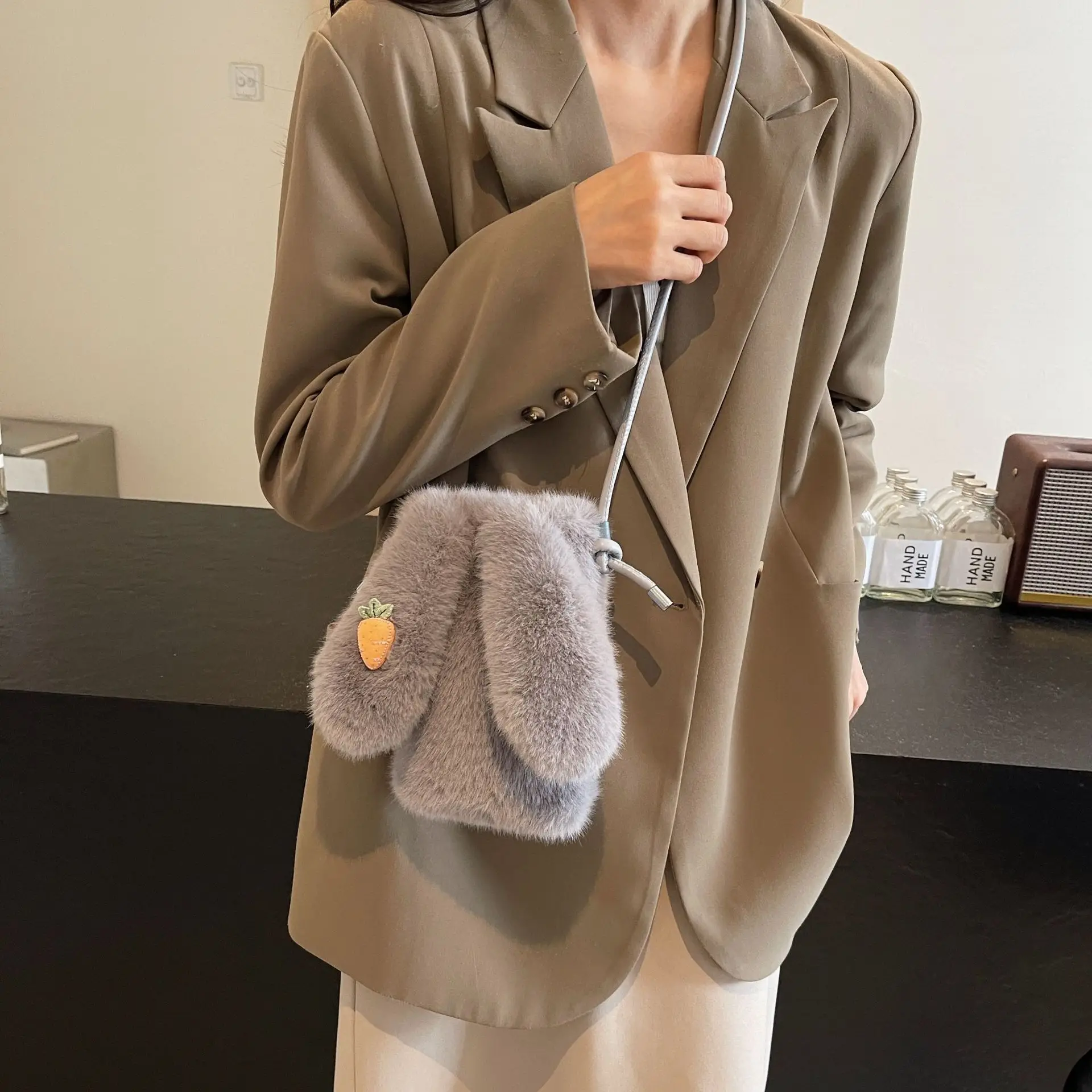 Faux Mink Plush Phone Bag Crossbody Shoulder Bag with Ear