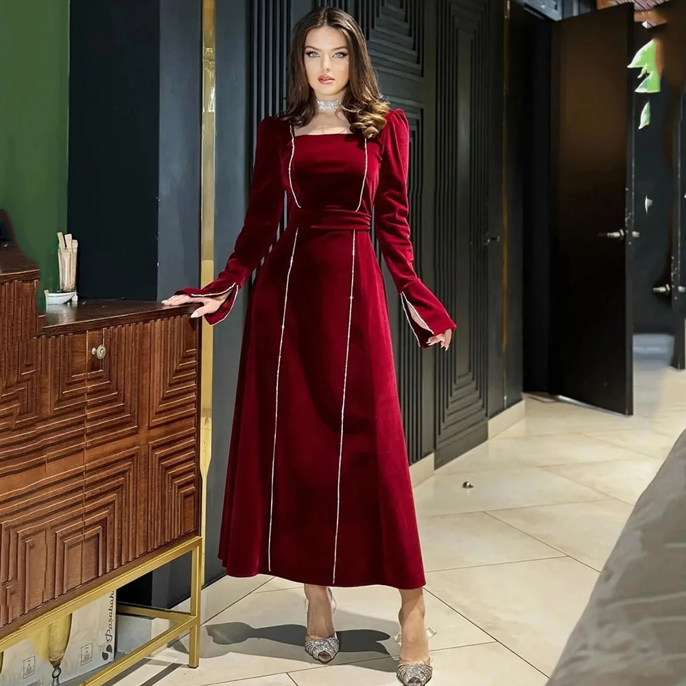 

Long Sleeve Square Neck A-line Evening Dresses Velour Ankle-Length Prom Gown Elegant Women Party Dress فساتين مناسبة رسمية