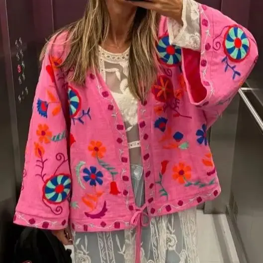 

Chic Eye-catching Pink Jacket Long Sleeves Fashionable Vibrant Print Loose Casual Designers Women's Autumn Outerwears Outfit
