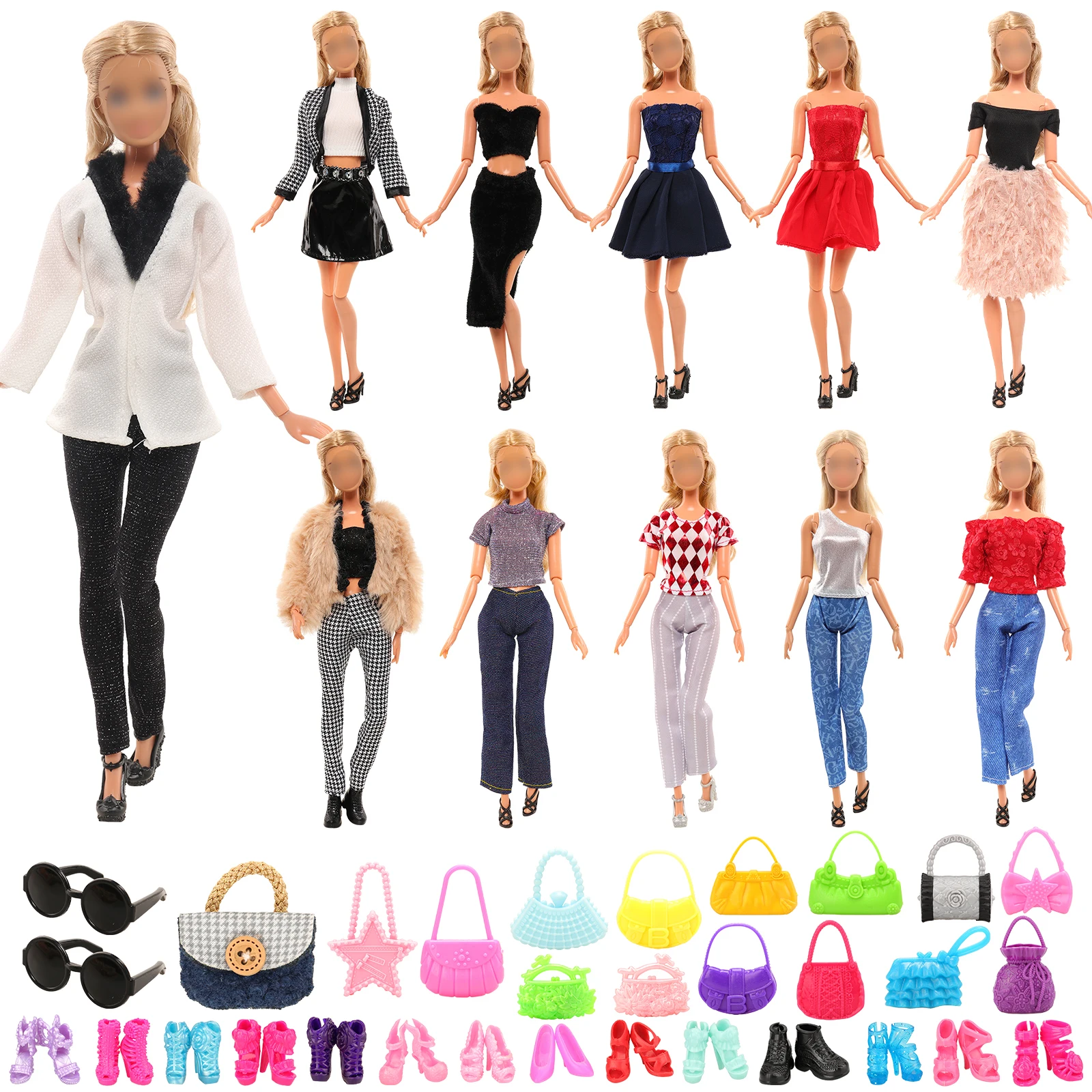 Barwa Fashion Set 29 Pieces=2 Suits+2 Dresses+2 Top Trousers+1 Bag+2 Sunglasses+10 Bags+10 Shoes For 11.5 Inch Girl Gift Toy