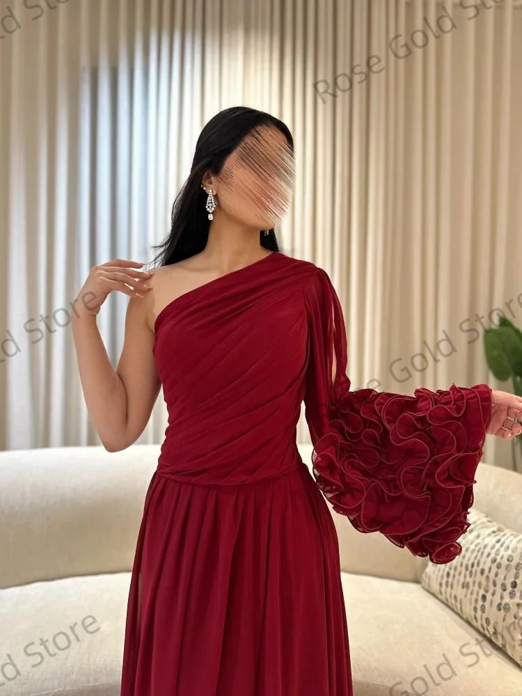 Customized Evening Dress for Arabic Women A Line One Shoulder Prom Gowns Chiffon Floor Length Ruffled Sleeve Vestido de Noche