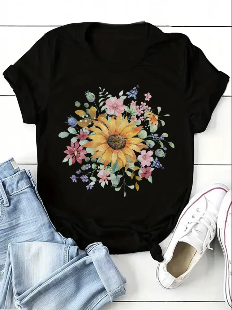 

Leisure Style Cute 90s Women's Fashion T-Shirt Clothing Sunflower Flower Print Top Pattern T-Shirt Women's Clothing T-Shirt.