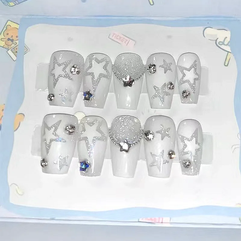 10개입 수제 화이트 스타 Y2K 프레스온 네일 블링 라인스톤 가짜 손톱 접착제 포함 재사용 가능 짧은 관 모양 맞춤형 인조 손톱 팁