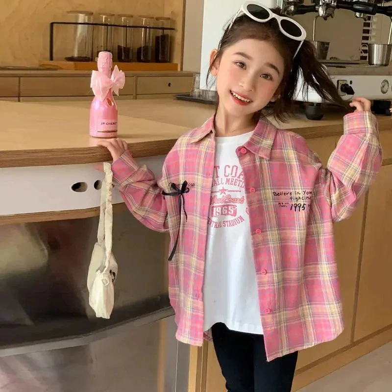 5 to 14 Years Girls Shirts Coat Children Bow Tie Jacket 2025 Autumn New Kids Sweet Outwears Spring Teen Fashion Loose Clothing