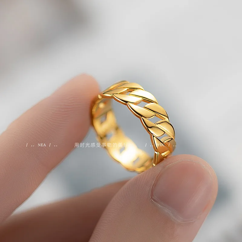 

24K real gold Cuban Chain Ring Fashion ins simple design Internet celebrity 9999 gold cold wind chain ring