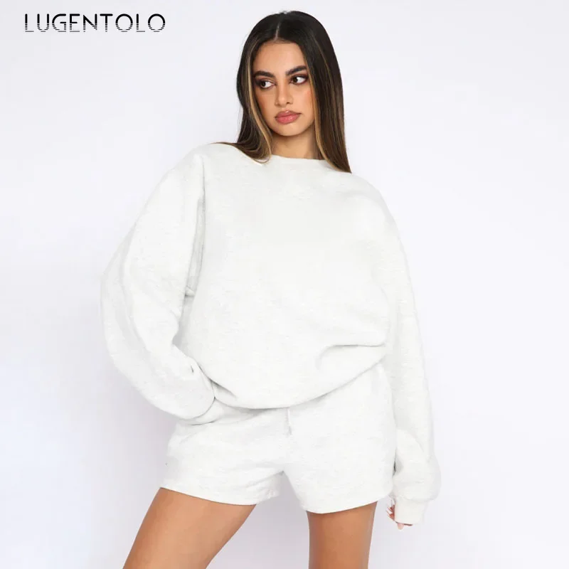 Women Sweatshirt Two-piece Set Vintage Solid Color O-neck Pullover Comfortable Casual Shorts Fashion High Street Sports Outfits