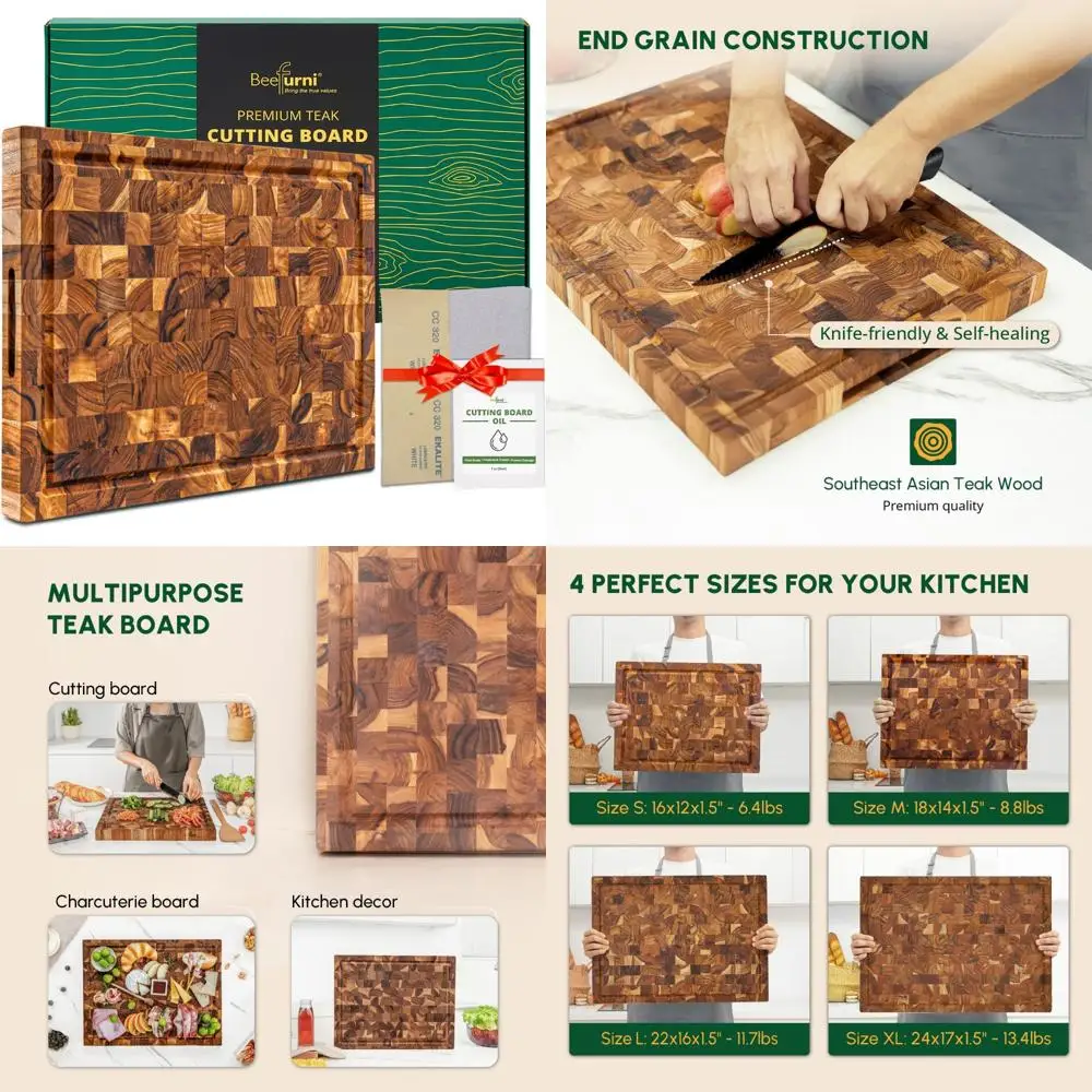 

Teak Wood End Grain Cutting Board, Large Size 18x14x1.5 Inches, Kitchen Cutting Board with Juice Groove and Hand Grips, Charcute