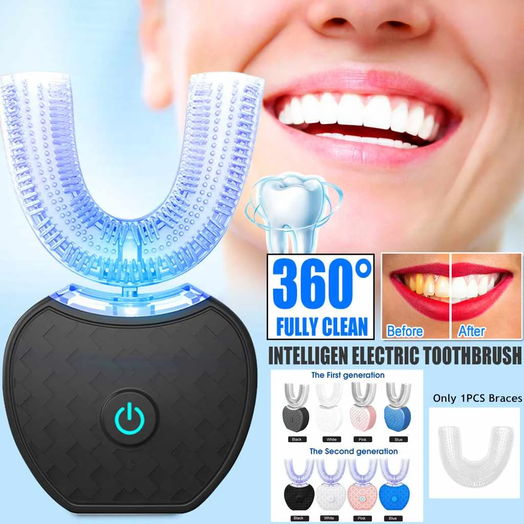 

360 Degrees Intelligent Automatic Electric Toothbrush Waterproof U Type Tooth Brush Whitening Blue Light USB Charging