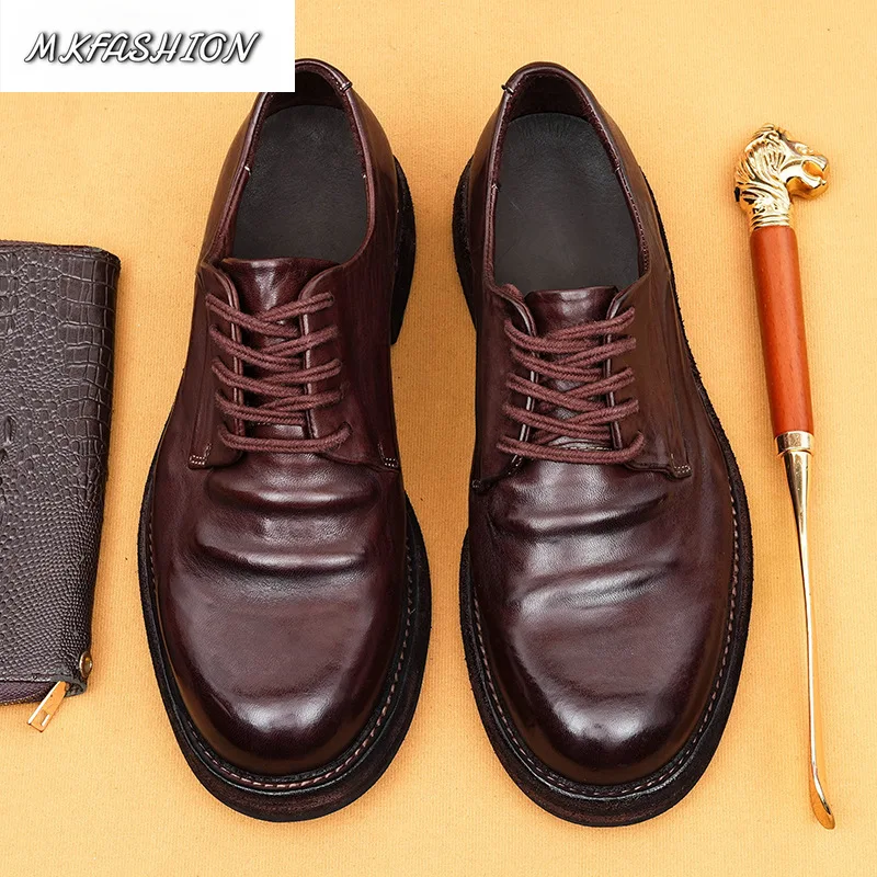 Men Business Casual Shoes Genuine Leather Round Toe Thick Soled Lace Up Retro Footwear Size 38-44