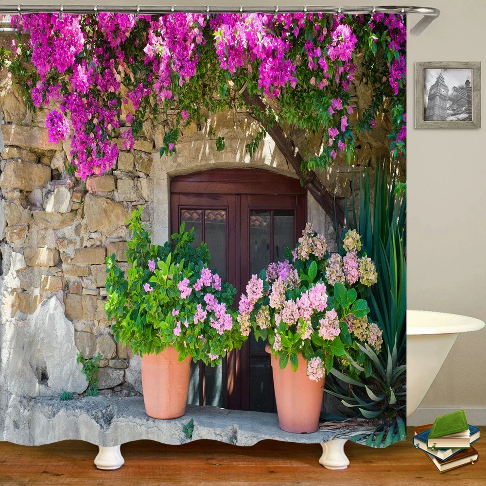 Waterproof Flowers Scenery Shower Curtains, Rural Street, Bathroom Polyester Fabric, Washable Decor, Bath Curtains