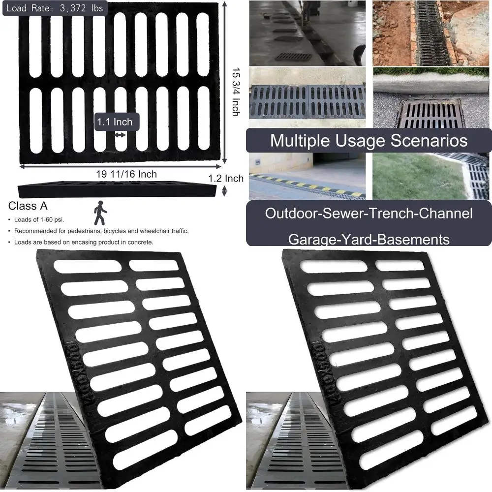 

Heavy-Duty 20x16 Cast Iron Outdoor Drain Cover, A-Class Sewer Grate, Black Rectangular for Driveways and Yards