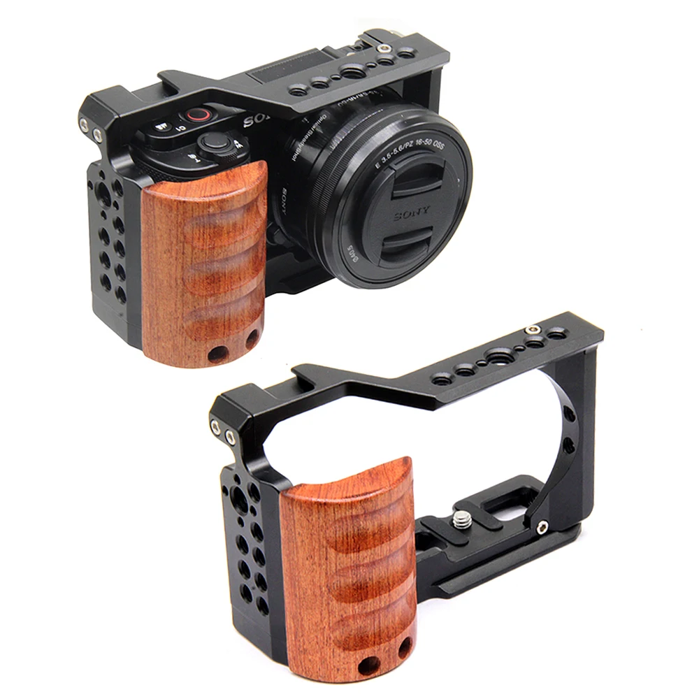 

Metal Camera Cage Vlog Rig ZVE10 with Wood Grip Handle Protective Bracket Video Mount for Sony ZV-E10