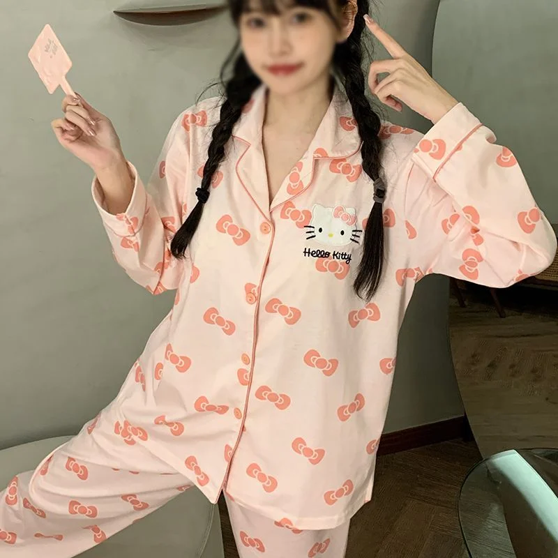 

Sanrio Hello Kitty Pajamas 2 Piece Set Spring Sleepwear Pants Long Sleeves Nightgown Cute Cartoon Women's Nightie Home Clothes