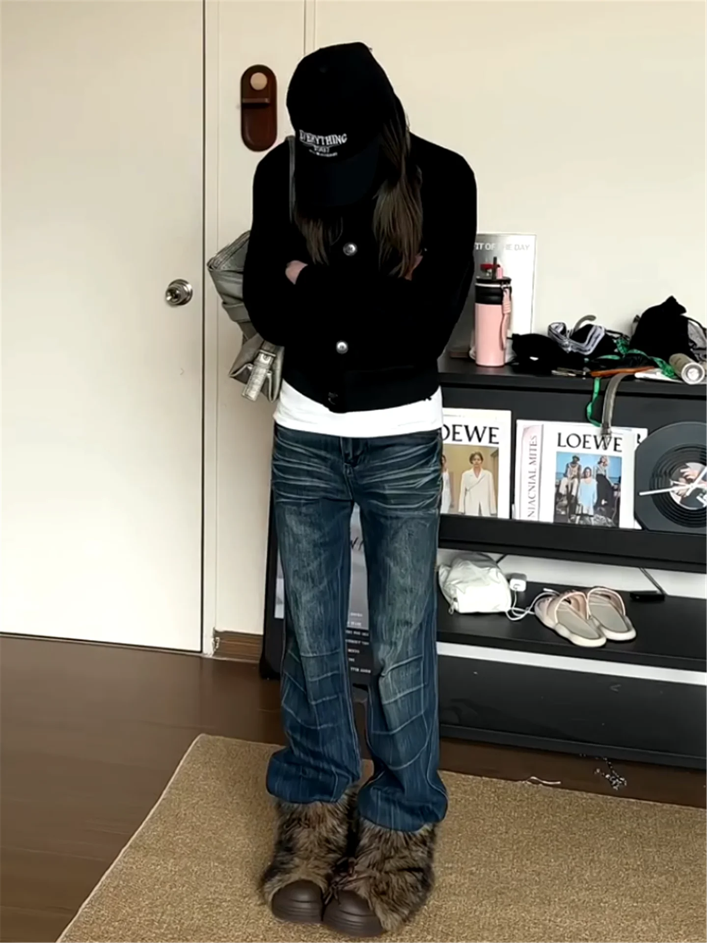 

Retro American Deep Blue Low Waist Bell Bottom Jeans Women's Slimming Casual Floor Length Pants Spring Autumn Fashion