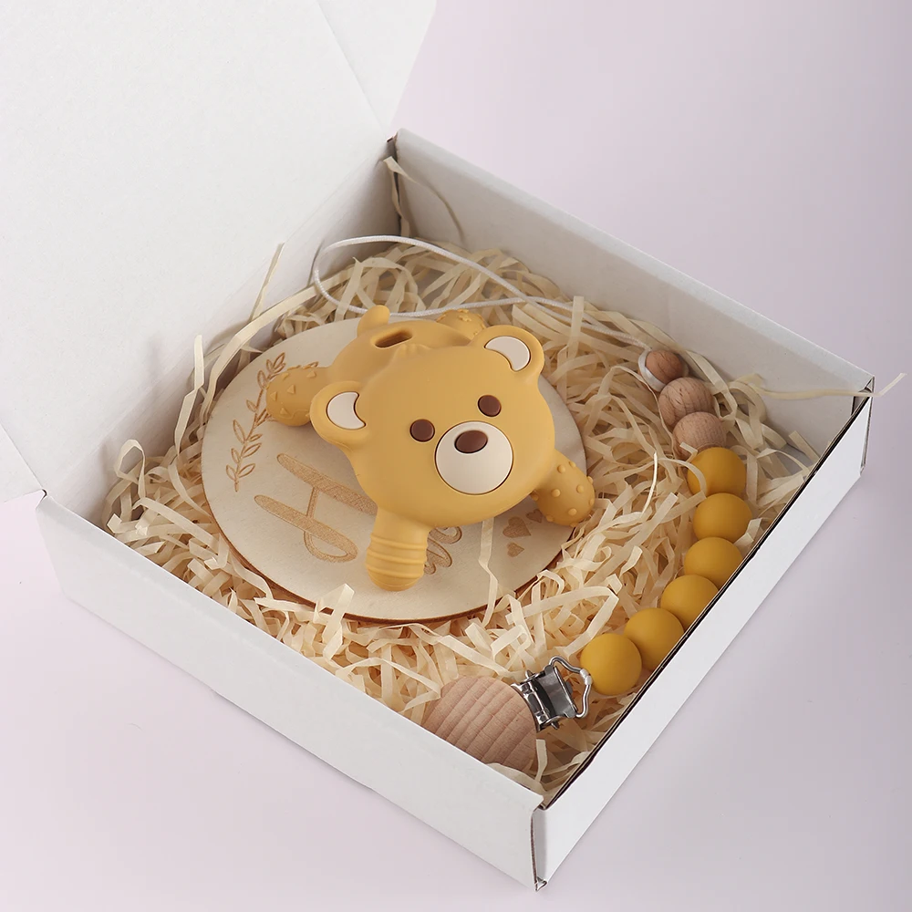 

Baby gift set bear teething toy gift box pacifier chain dummy clip infant essentials memory milestone props newborn soothing gi
