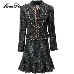 MoaaYina Winter Fashion Designer Luxury Party Skirt Set Women V Neck Sequin Pearl Bow Slim Coats+Mini Mermaid Skirt 2 Pieces Set