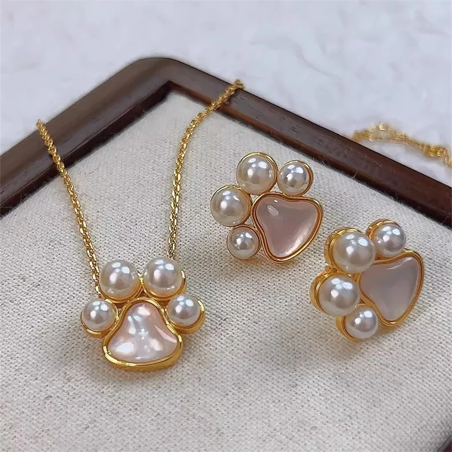 

French Cute Cat Claw Natural Shell Pearl Earrings Sweet and Cool Princess Necklace Fashion Light Luxury Charm Jewelry Trend