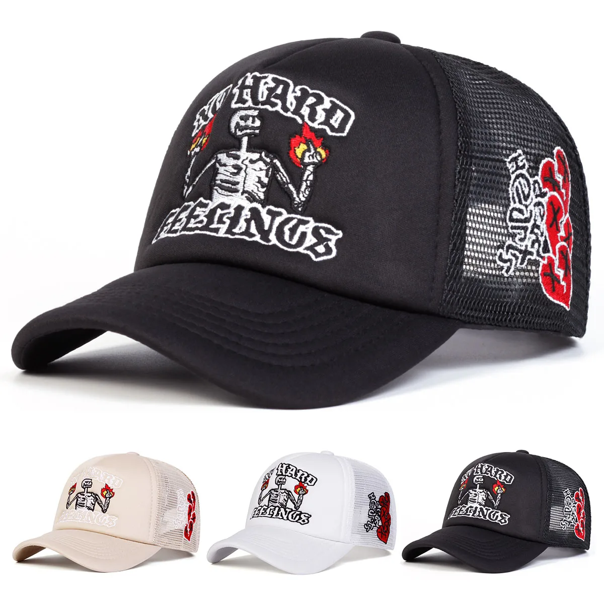 Gorras de red de béisbol con bordado de llama y calavera Unisex, sombreros informales ajustables para exteriores, primavera y verano, sombrero protector solar