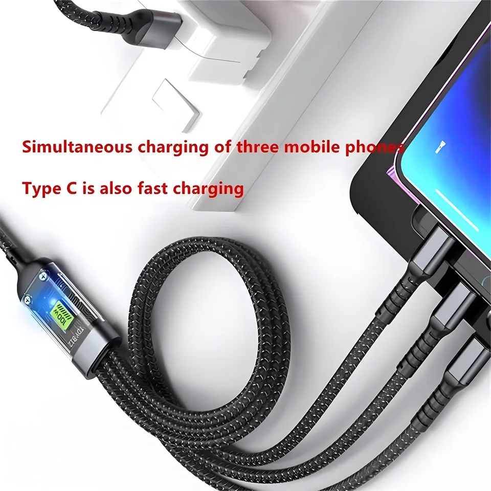 Cable de carga súper rápida 100W 3 en 1 transparente luminoso tipo C USB multi-extensión para Android 3