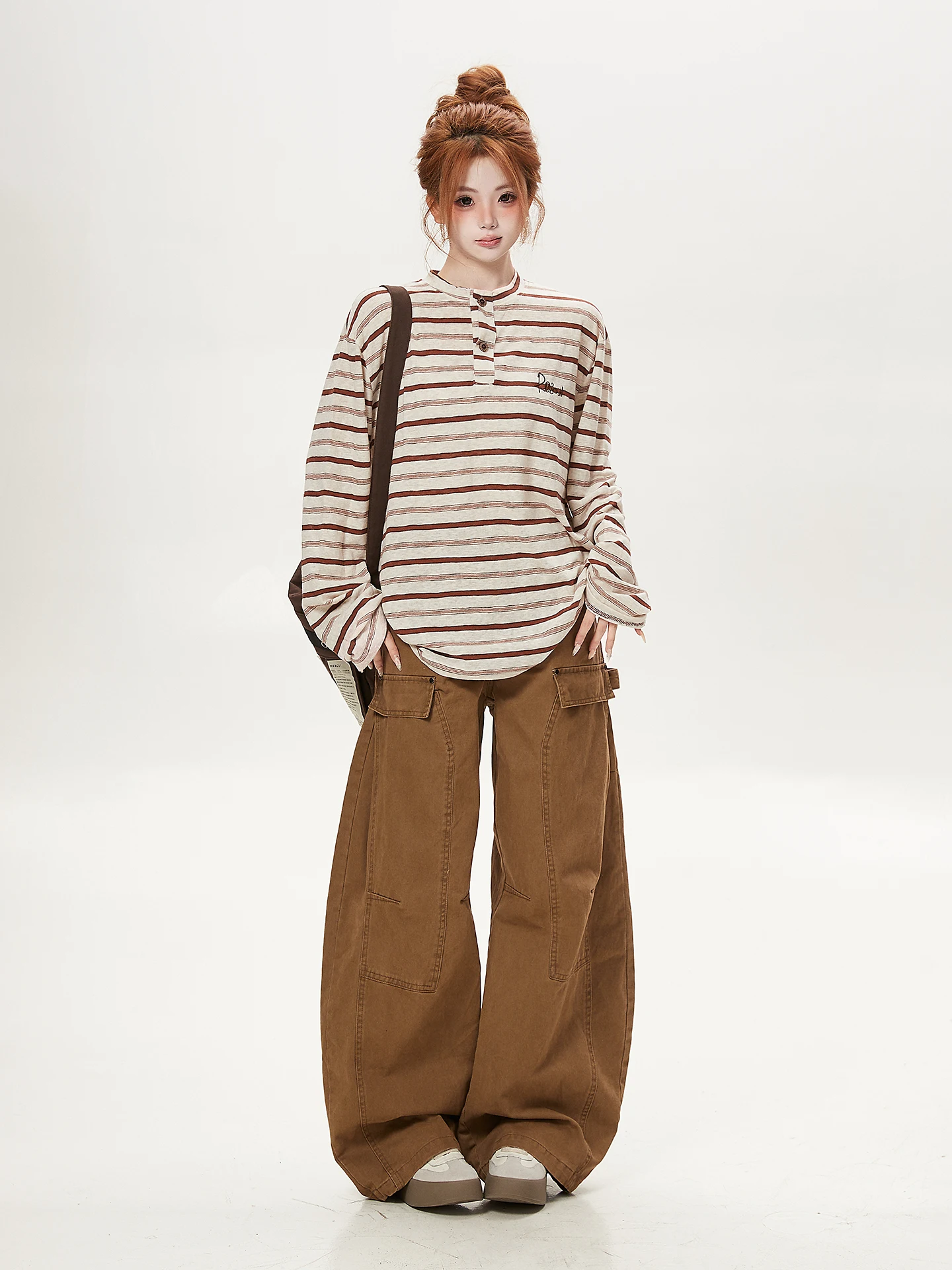 Slimming Loose Fit Long Sleeve T-Shirt Women's Preppy Style Striped Henry Collar Top Casual Cotton Vintage American Stripe