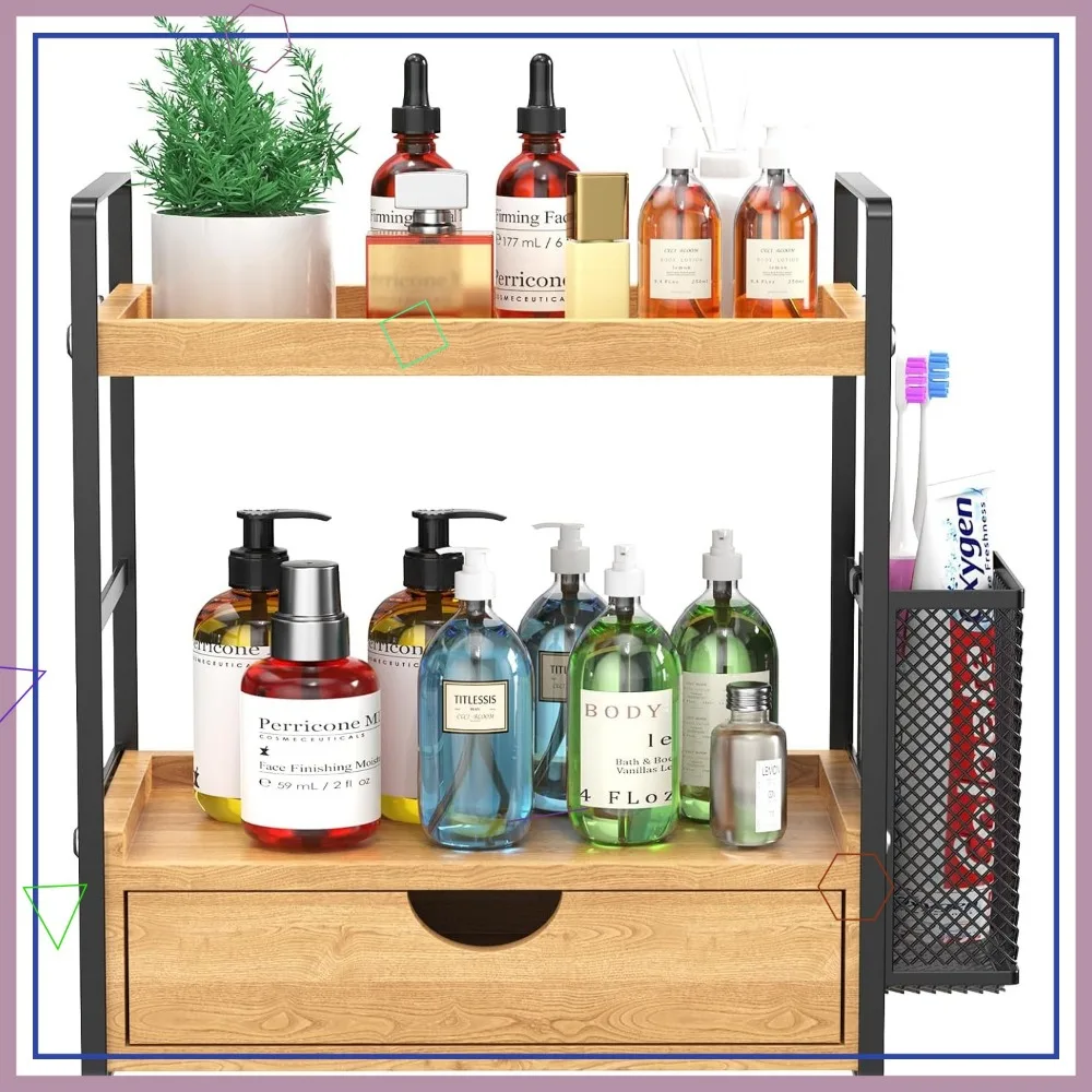منظم حمام خشبي بطبقتين مع درج وسلال، تخزين متعدد الأغراض للمكياج والعناية بالبشرة #1