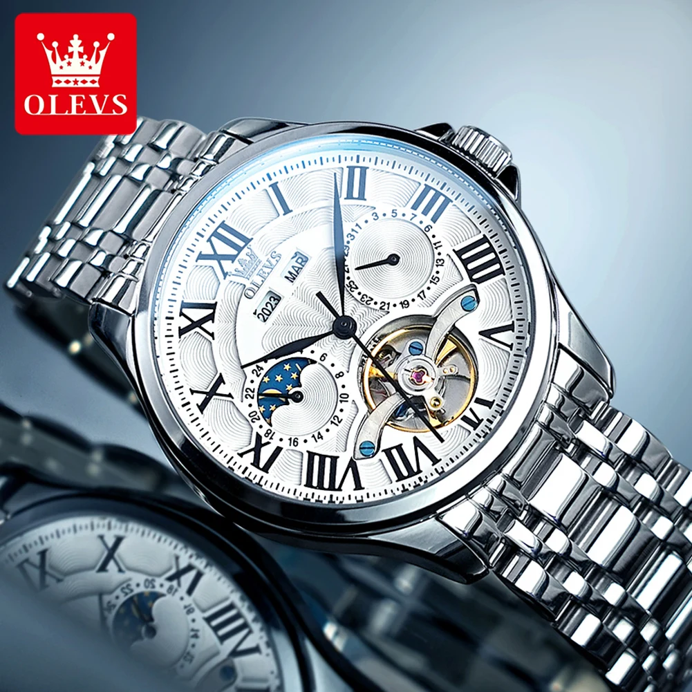 OLEVS 7013 ساعة رجالية فاخرة مجوفة دولاب الموازنة ساعة ميكانيكية للرجال من الفولاذ المقاوم للصدأ 24 ساعة مرحلة القمر ساعة أوتوماتيكية أصلية للرجال
