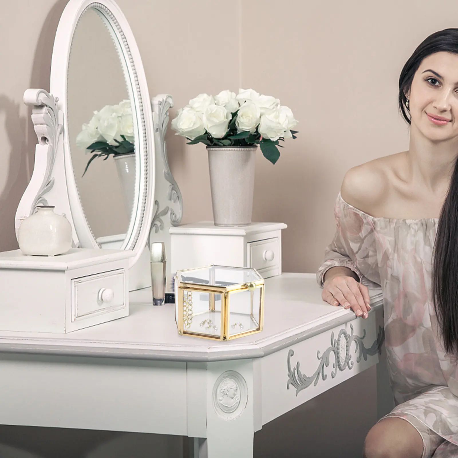 

1Pcs Six-Sided Mini Glass Ring Box Flip-Top Jewelry Storage Organizer Compact Ring Holder Display Case Gift for Jewelry