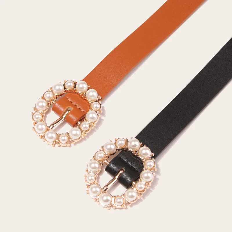 New Pearl Button Two-Piece Set - Versatile and Sweet Women's Waist Belt, Cross-border Female Spot Goods, Elegant Leather Belt